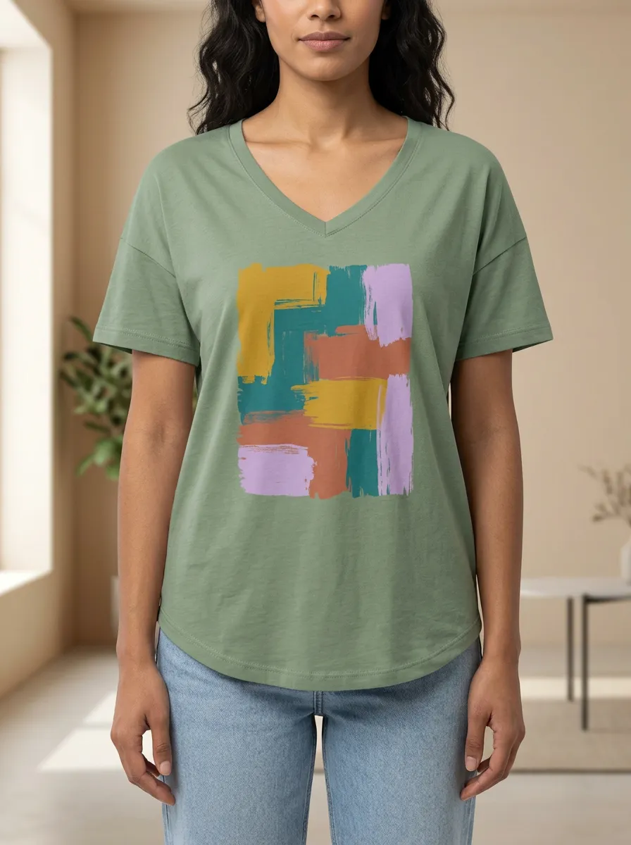 Women's Abstract Art Colorful Brushstroke Printed V-Neck T-Shirt Modern Pattern