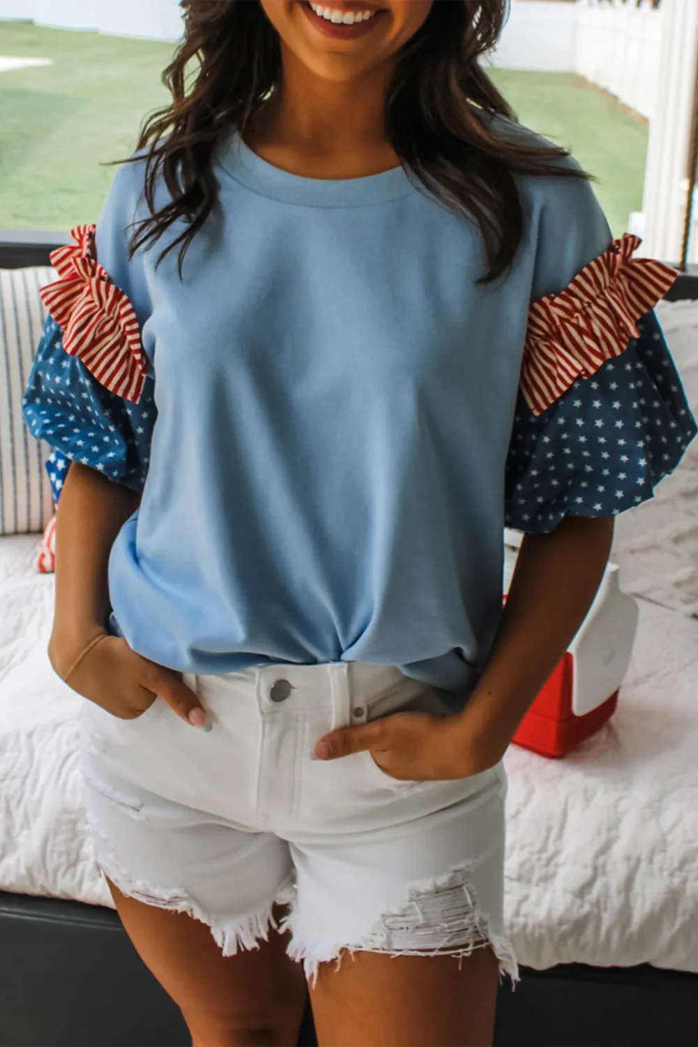 Beau Blue Stars Stripes Short Sleeve Top