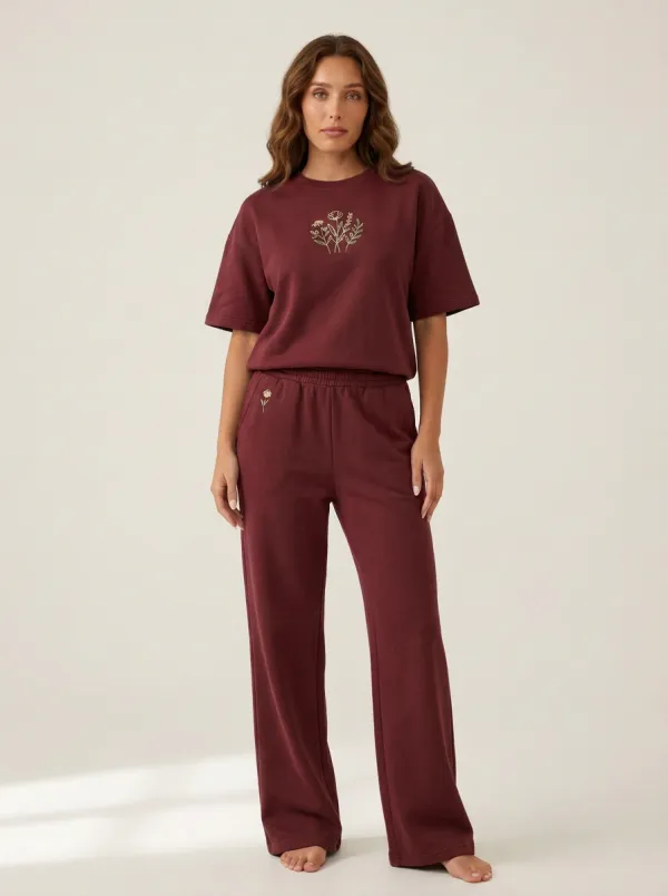 Women's Floral Embroidered Boxy Top And Wide-Leg Trouser Lounge Set