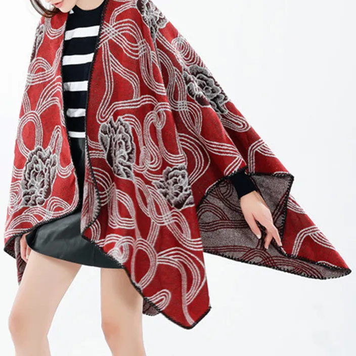 Jacquard Floral Ruana Wrap