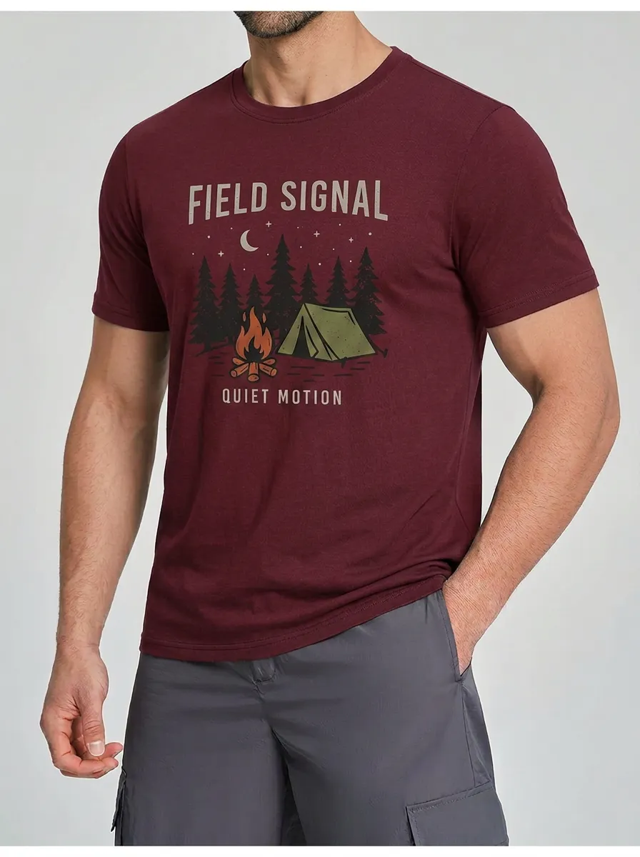 Men's Camping Lover Forest Campfire Tent Printed T-shirt