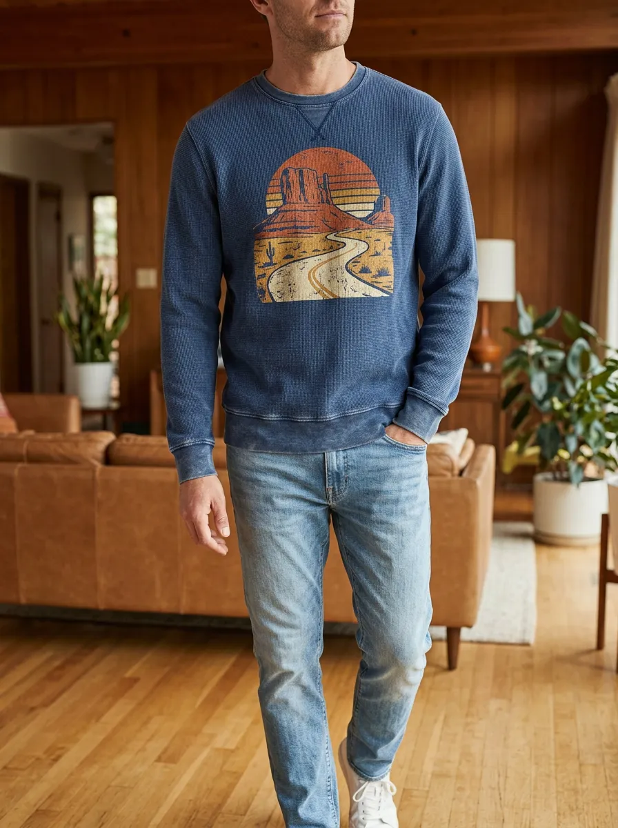 Men's Blue Graphic Patterned Waffle Knit Crewneck Sweatshirt