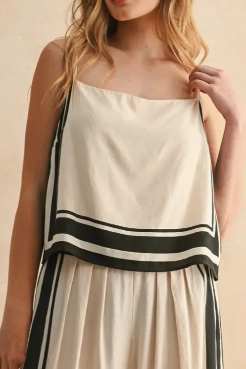 Tan Black Border Stripe Pattern Tank Top