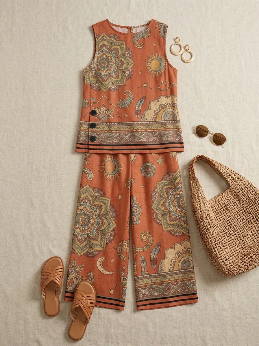 Women's Boho Style Sun Mandala Printed Sleeveless Set