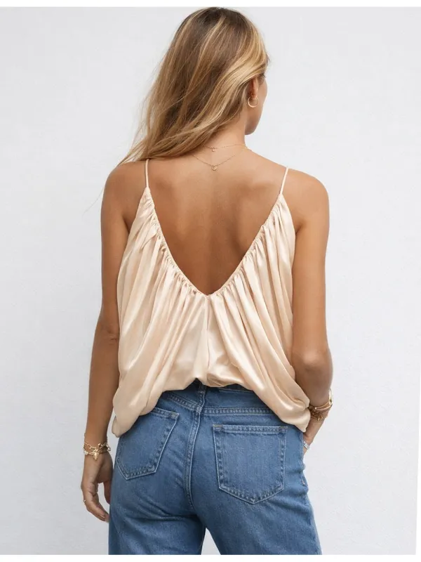 Chic Satin V Neck Ruched Solid Color Crop Cami Top