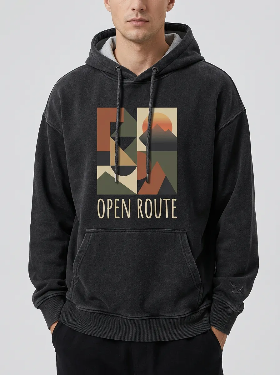 Men's Outdoor Adventure Open Route Geometric Mountain Print Hoodie
