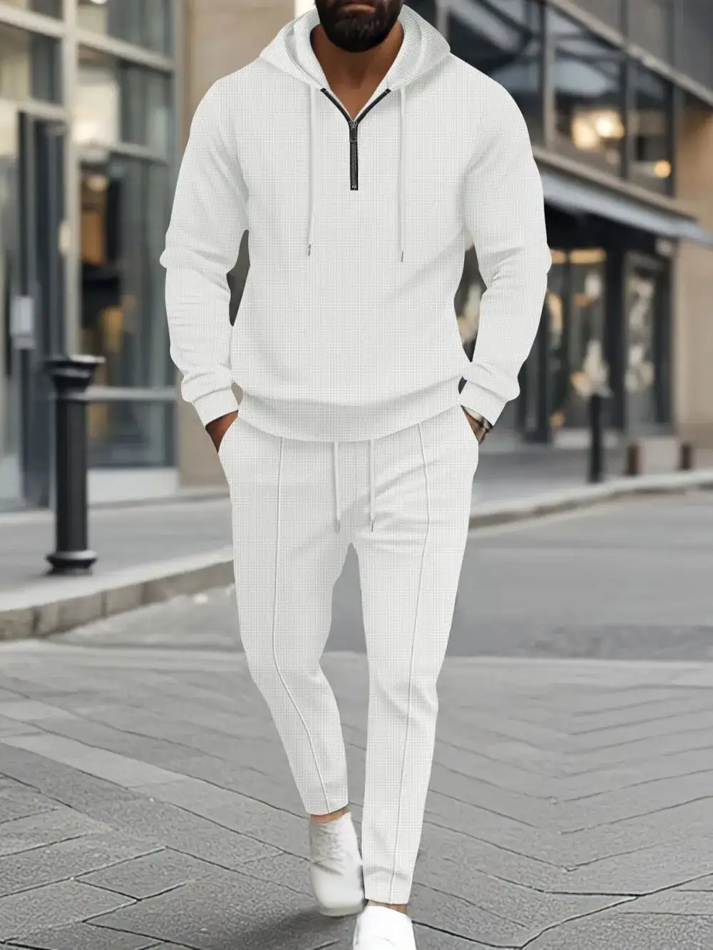 Waffle-Knit Half-Zip Hoodie and Pants Sport Set