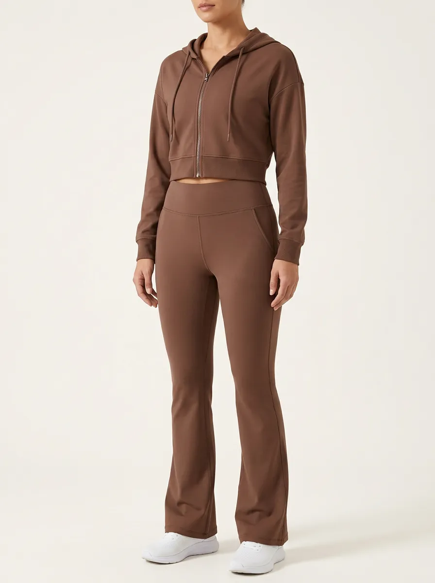 Women's Cropped Zip-Up Hoodie and Pocketed Flare Legging Set