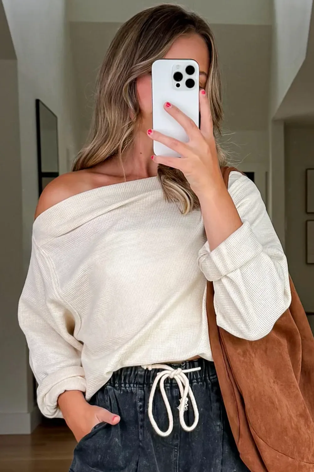 Beige Waffle Knit Asymmetric Neck Top