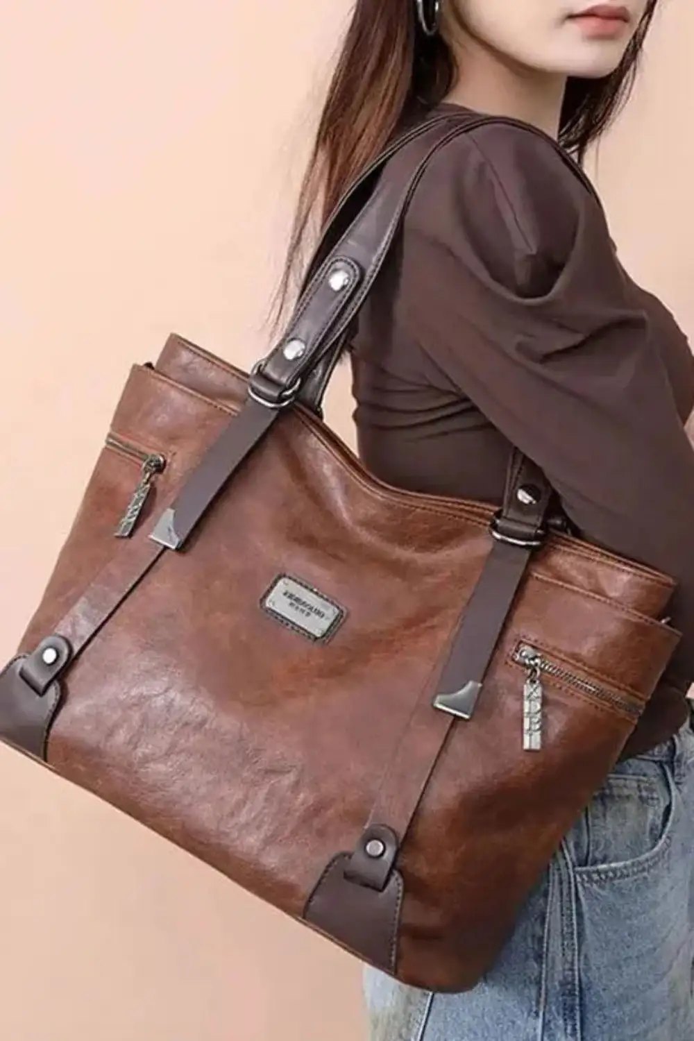 Vintage Patchwork Tote Leather Sequin Rivet Statement