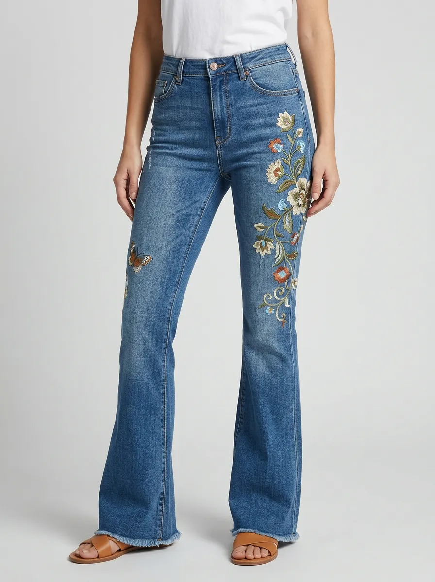 Women's Medium Wash Floral Butterfly Five-Pocket Flare Jeans