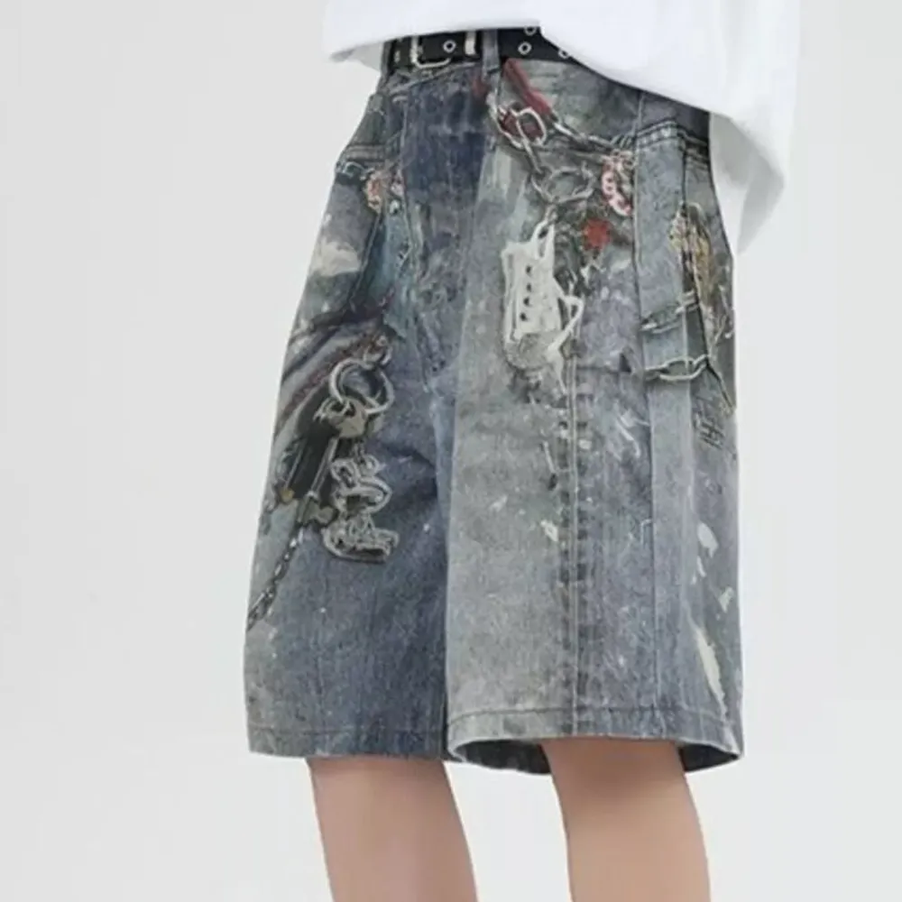 Chain Print Vintage Inspired Washed Denim Shorts