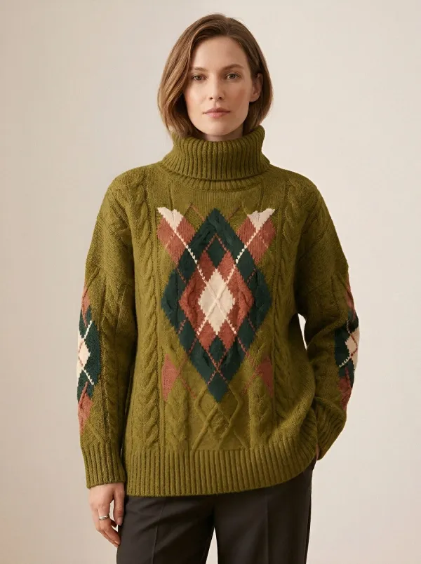 Women's Vintage Argyle Pattern Cable Knit Turtleneck Sweater