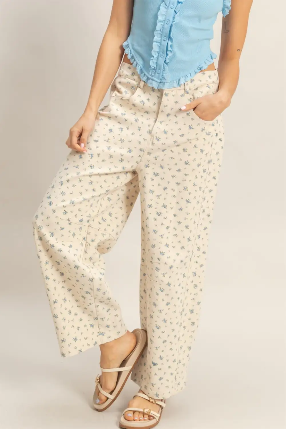 Washed Floral Wide Leg Pants
