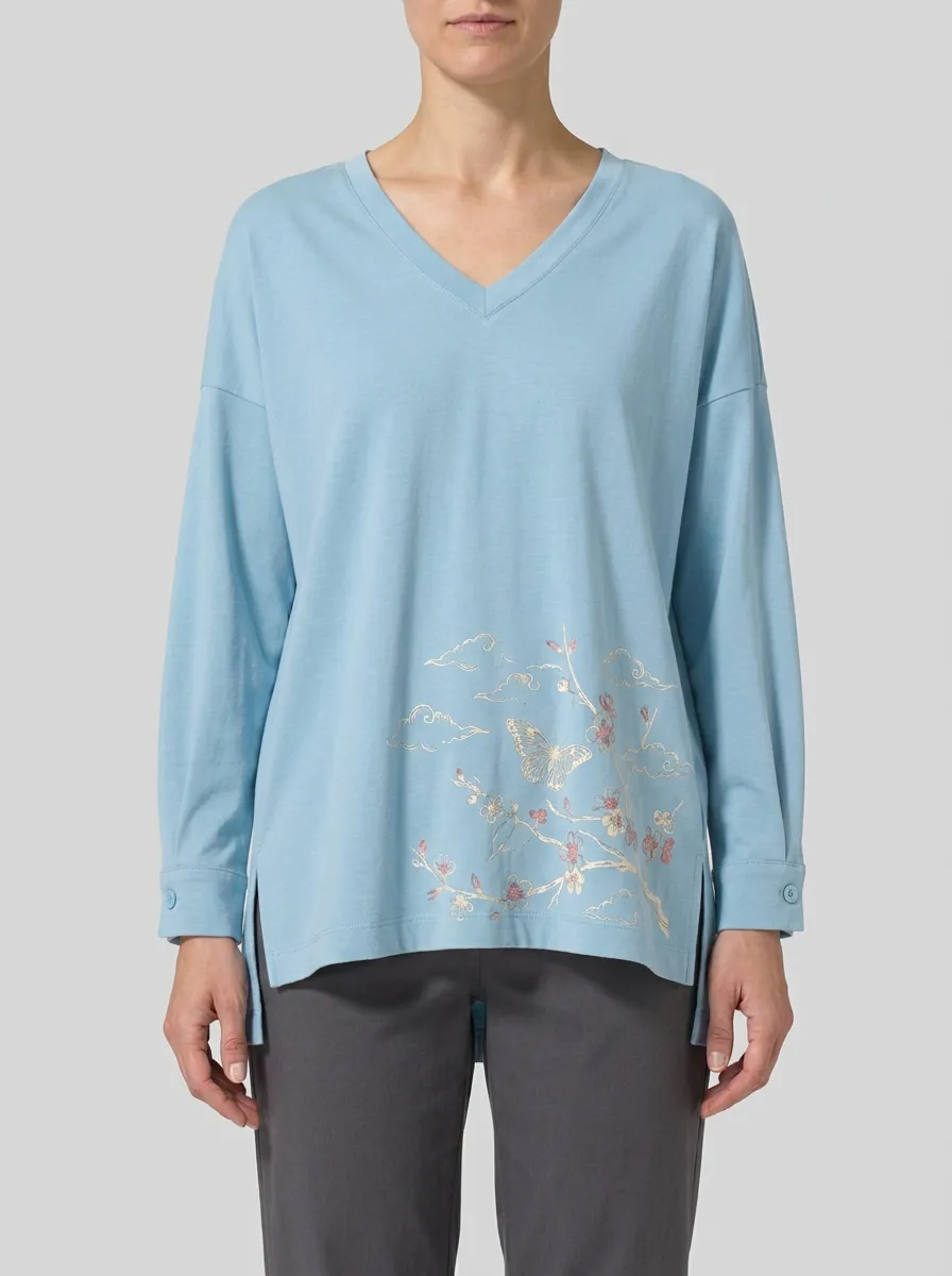 Women's V-Neck Long-Sleeve Top with Floral Graphic