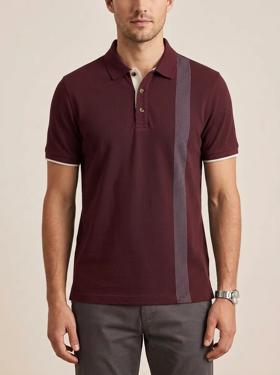 Men's Navy Vertical Stripe Contrast Trim Polo Shirt