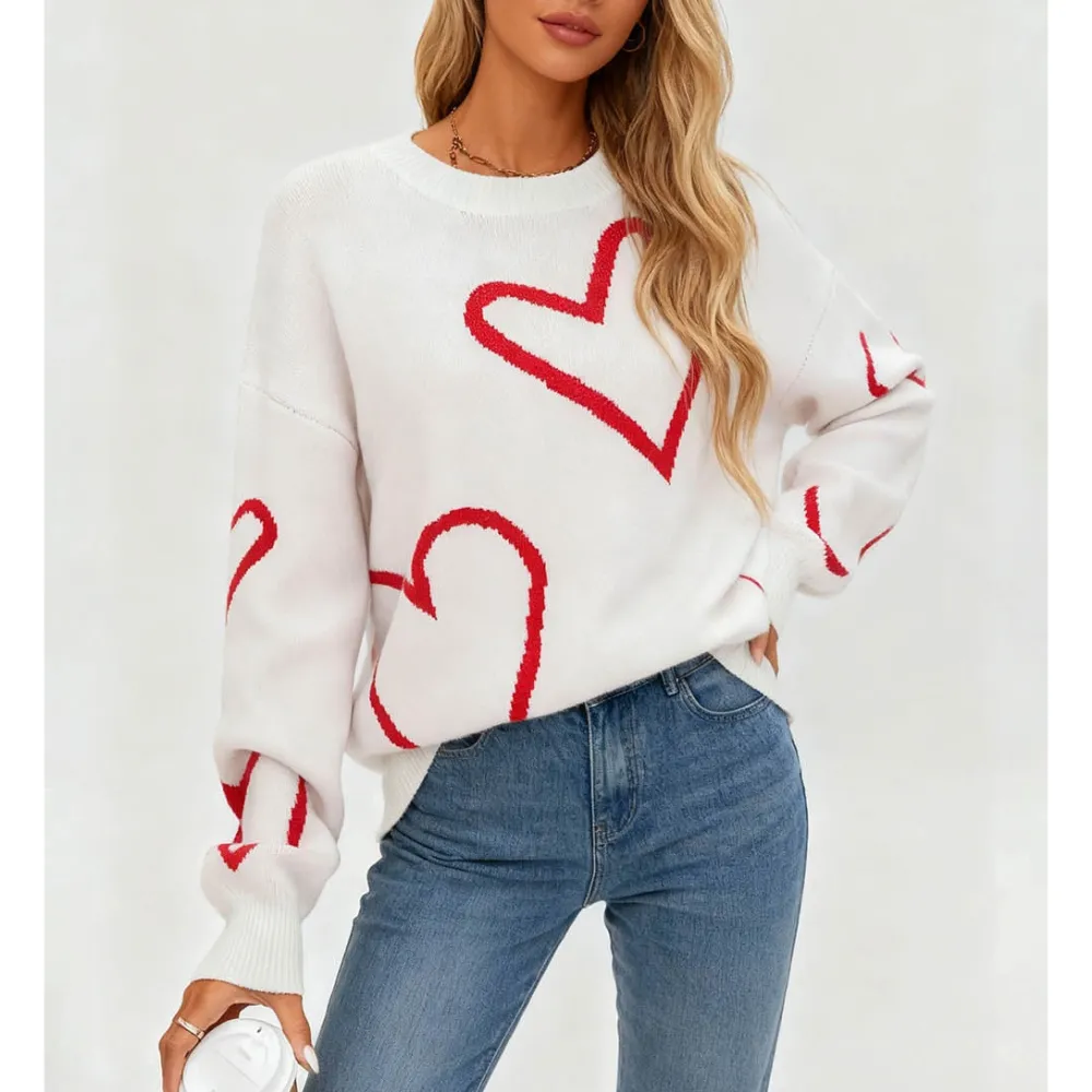 Valentine Heart Pattern Round Neck Long Sleeves Sweater