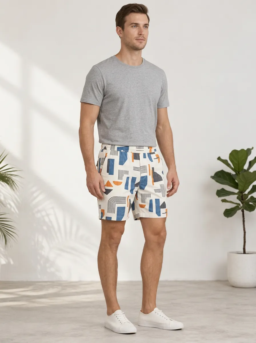 Men's Geometric Abstract Pattern Structured Shorts