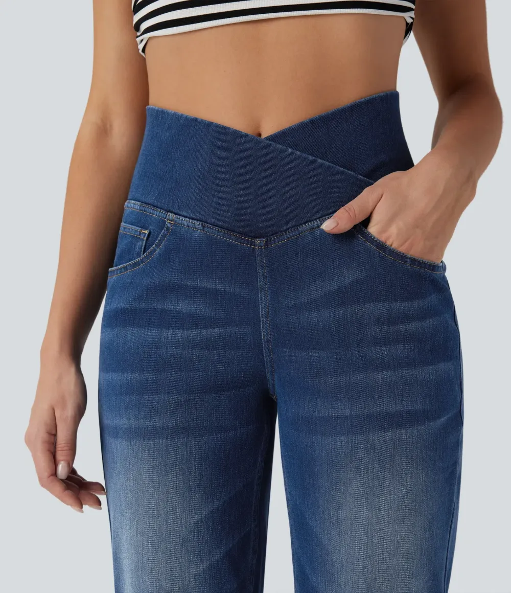 High-waisted, relaxed, crossover straight-leg jeans with  pockets