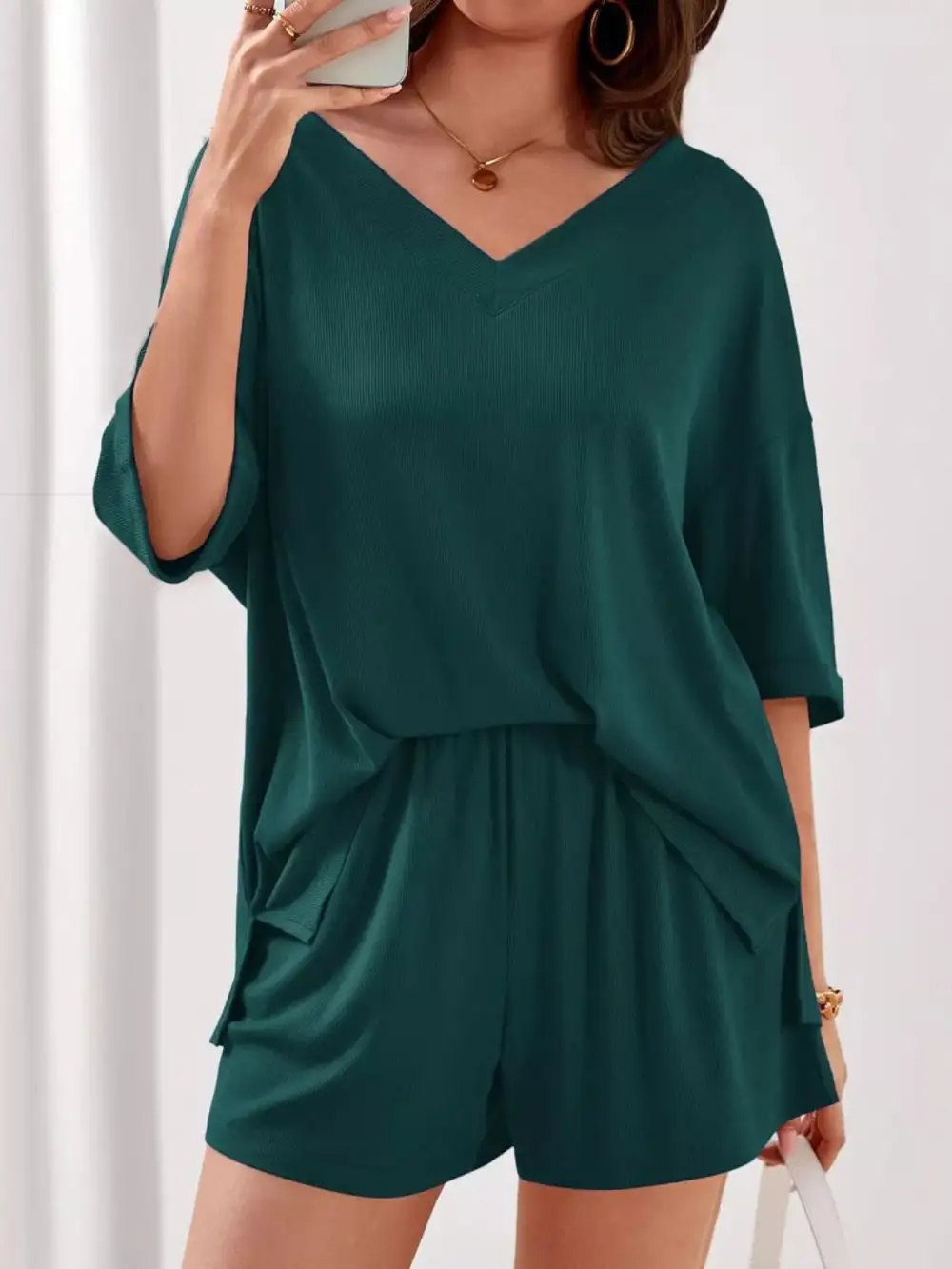 Casual Solid Color V Neck Top and Shorts Set