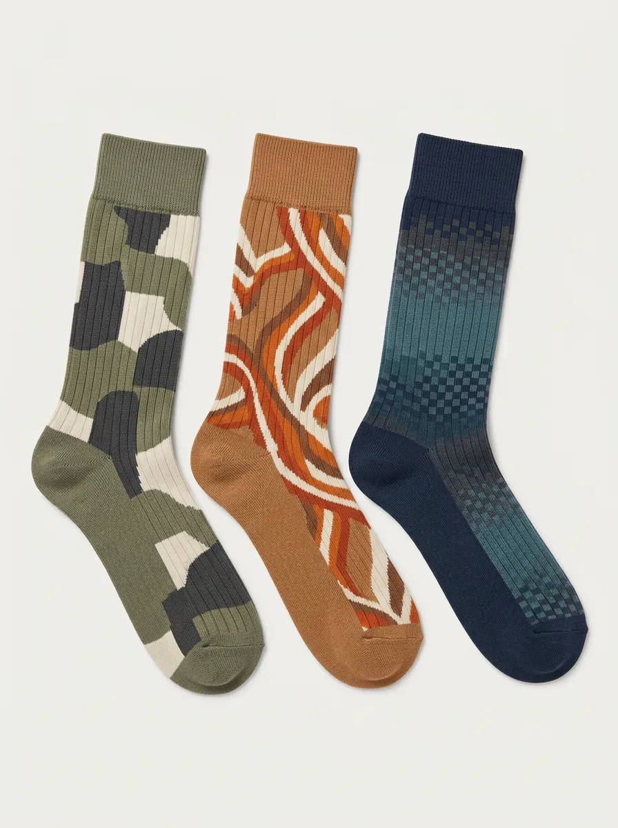 Men's Geometric Camo Abstract Printed Three-Pack Socks Ribbed Cuff