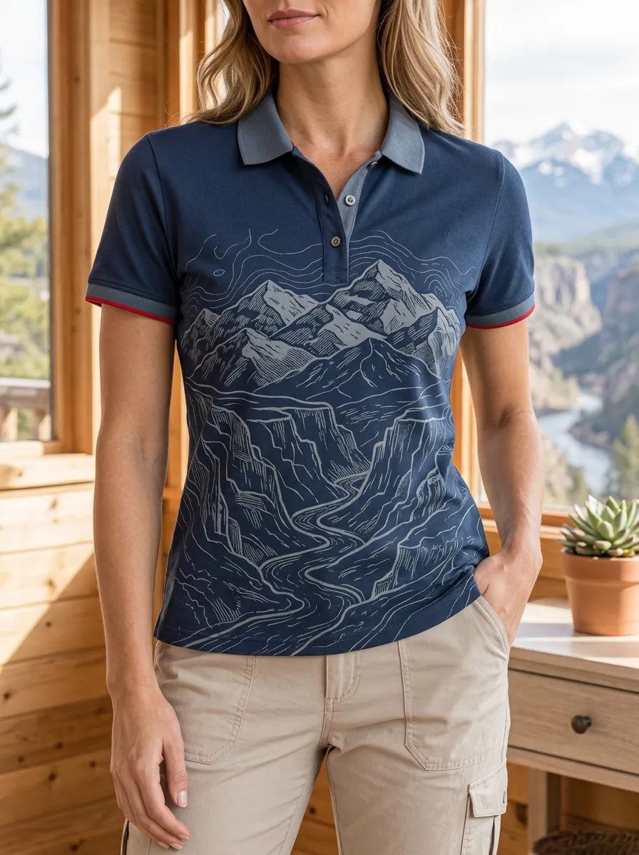 Women's Mountain Hiking Lover Landscape Printed Polo Shirt