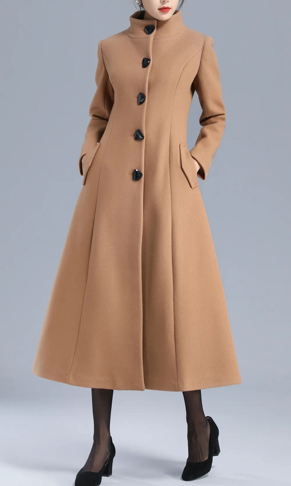 Wool Blend Single Breasted Stand Collar Pocketed Long Coat