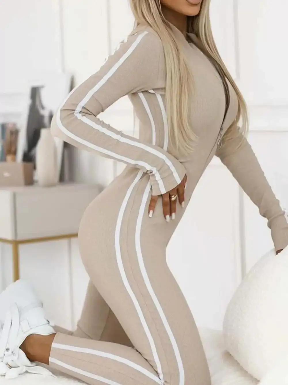 Plus Size Stripe Zip Front Long Jumpsuit