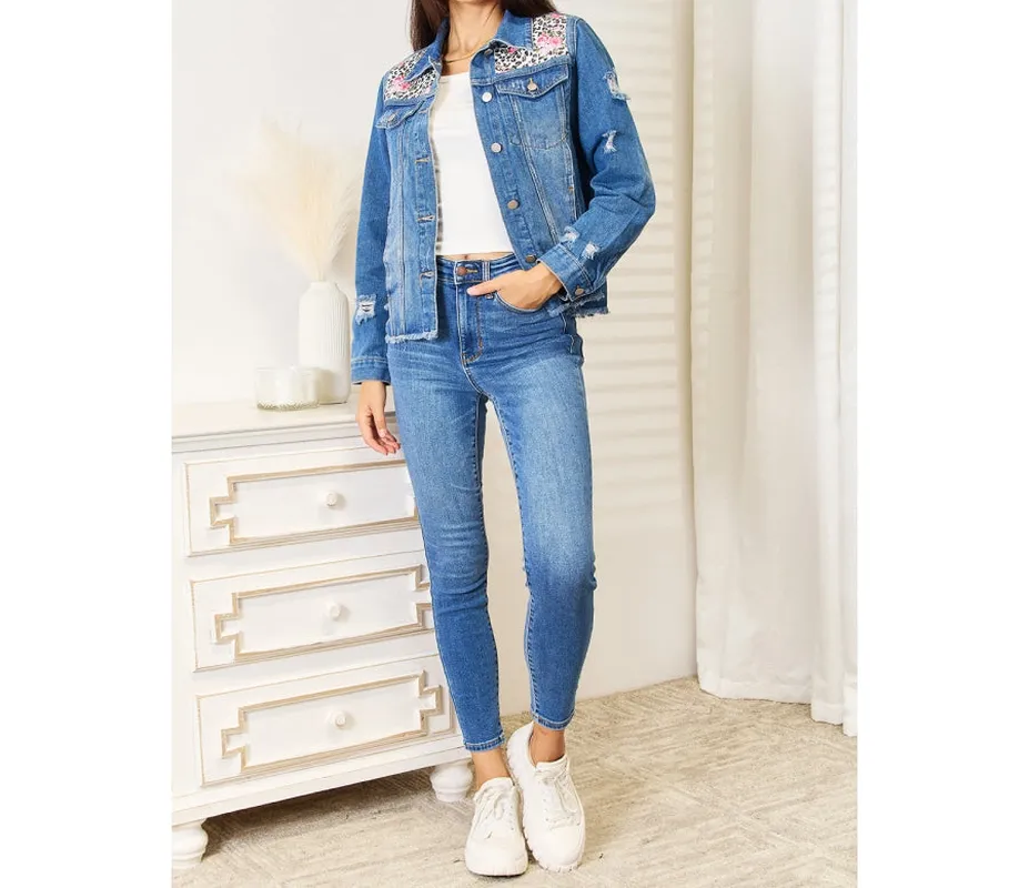 Leopard Floral Distressed Raw-Hem Denim Jacket