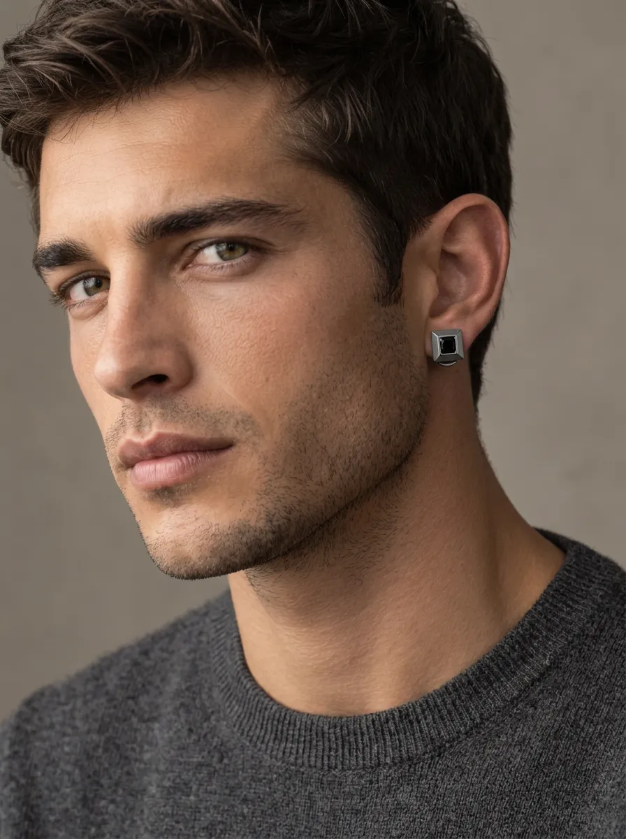 Men's Precision Minimalist Square Stone Stud Earrings