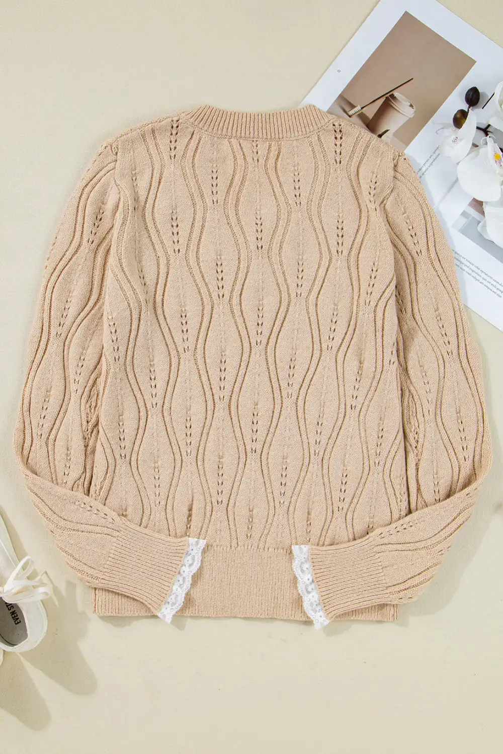 Lace Trim Knit Pearl Detail Sweater