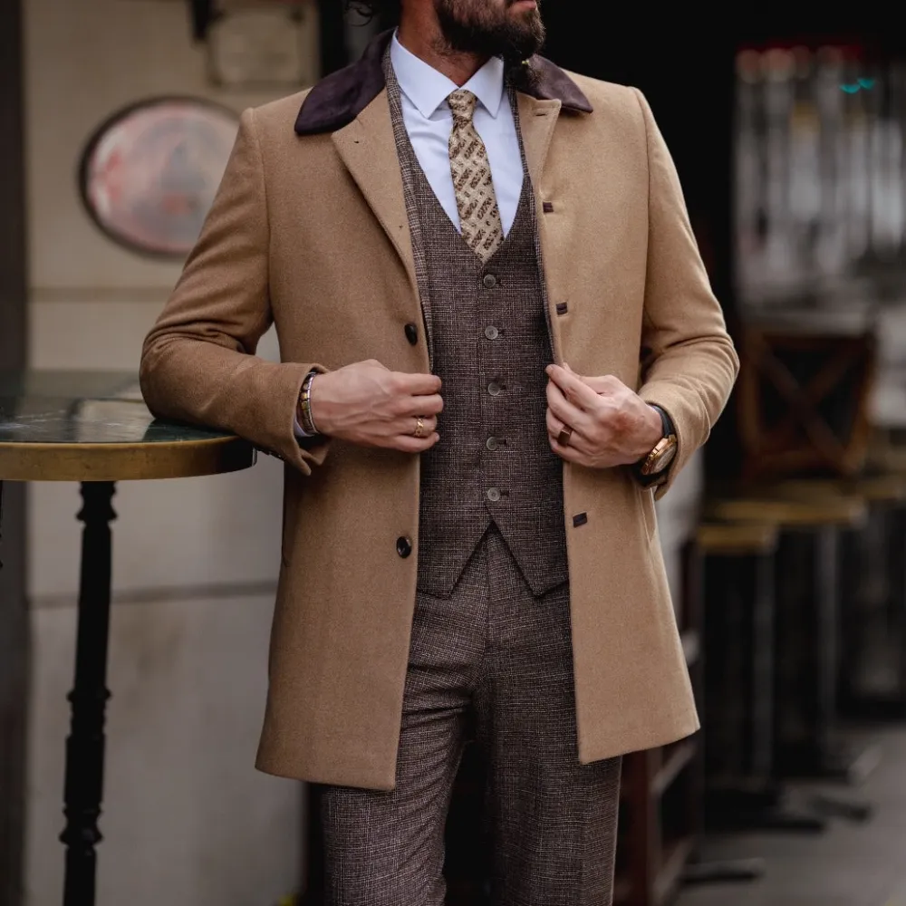 Modern Slim Fit Wool Fur Detail Tailored Coat