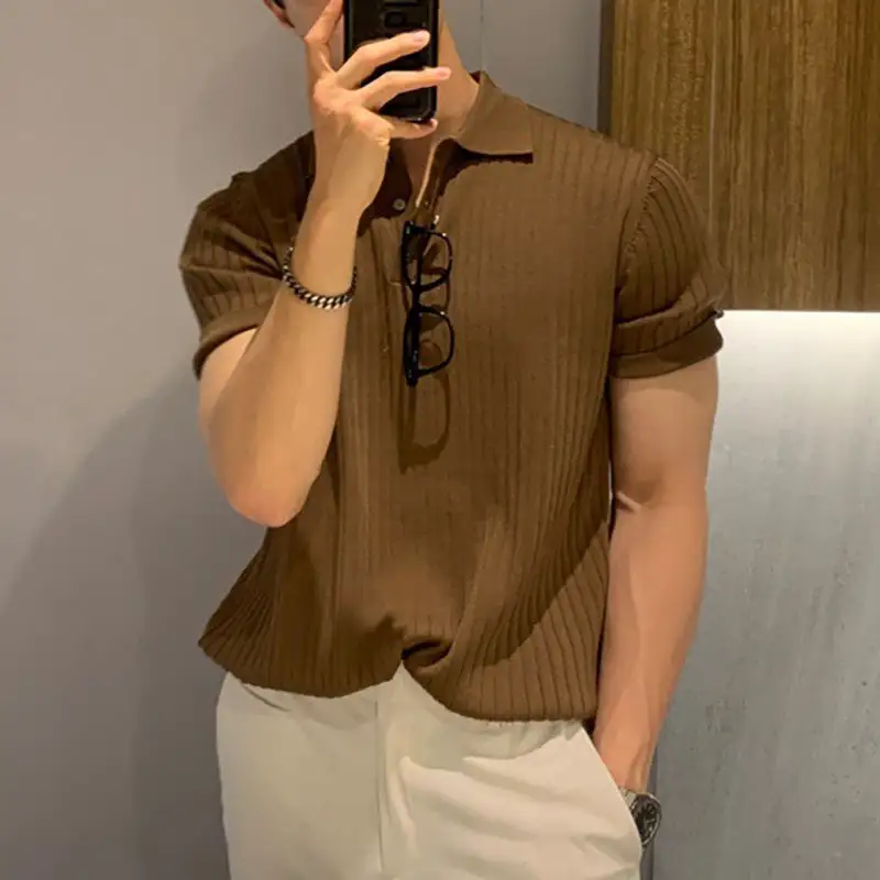 Sporty Ribbed Short Sleeve Fine Knit Polo Shirt