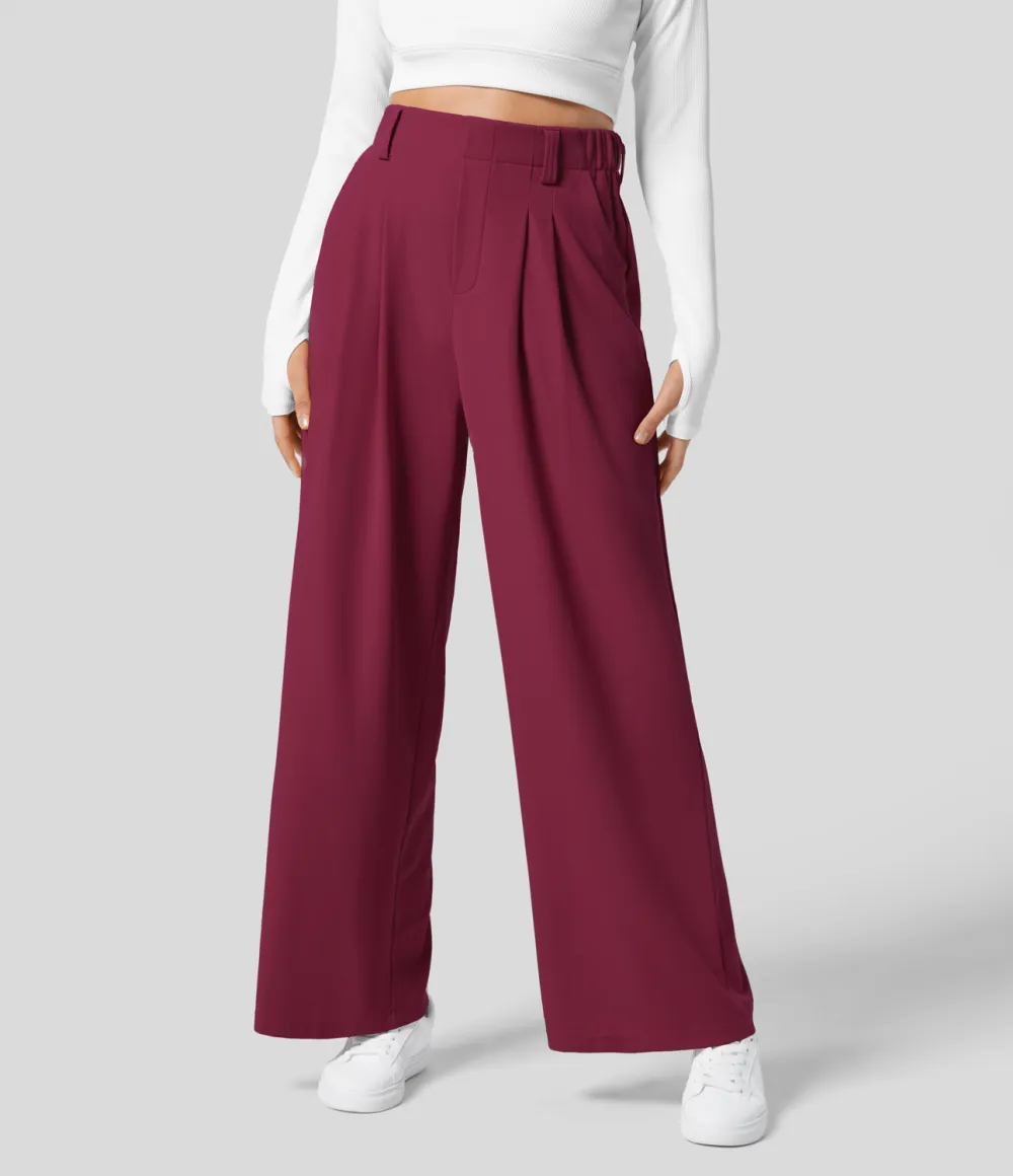 2026🔥  High Waisted Plicated Side Pocket Wide Leg Waffle Work Pants