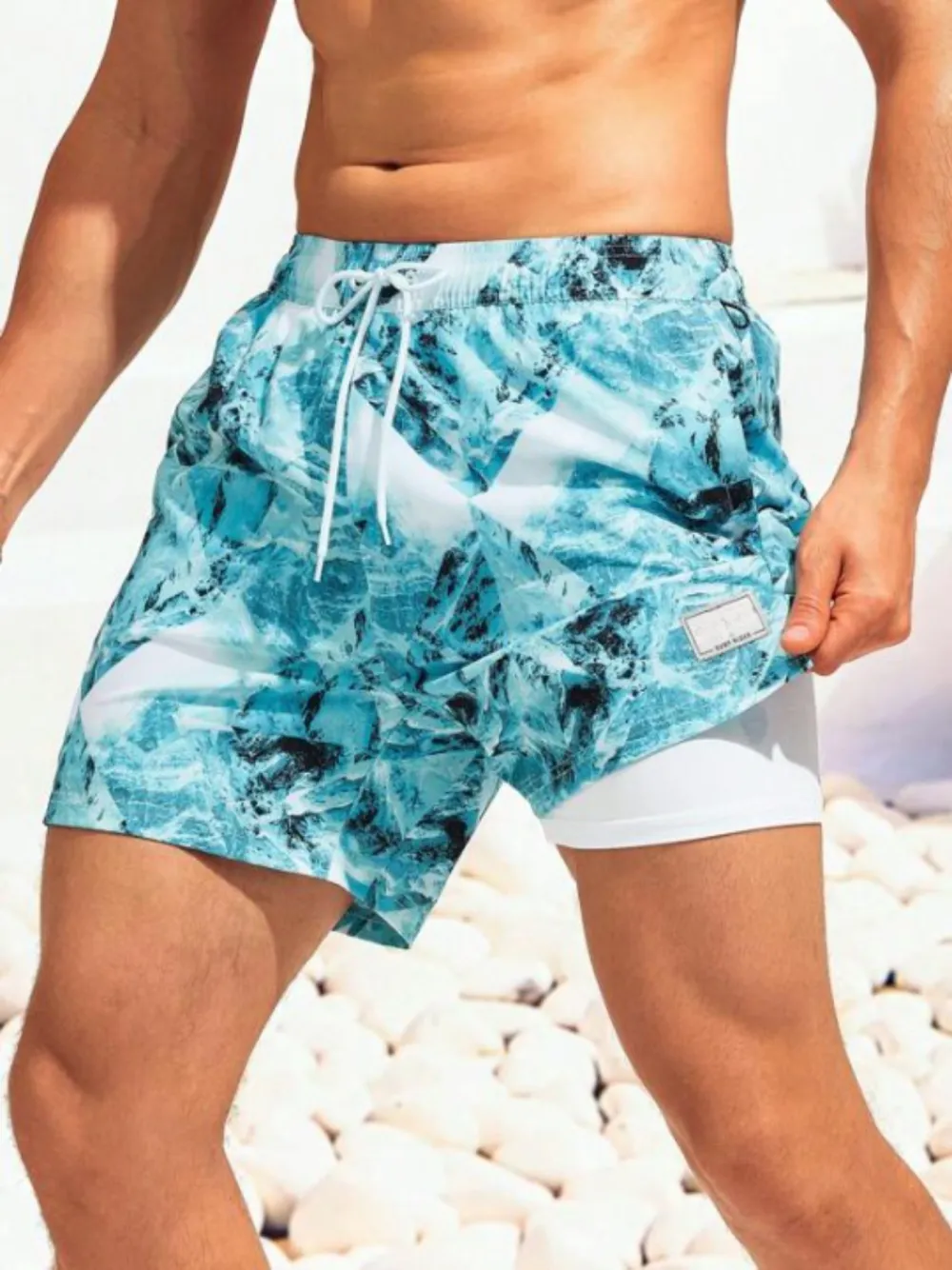 Men's Patch Detail Drawstring Layered Liner Swim Trunks