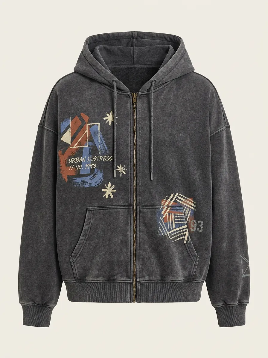 Women's Streetwear Urban Distress 1993 Graphic Printed Zip-up Hoodie