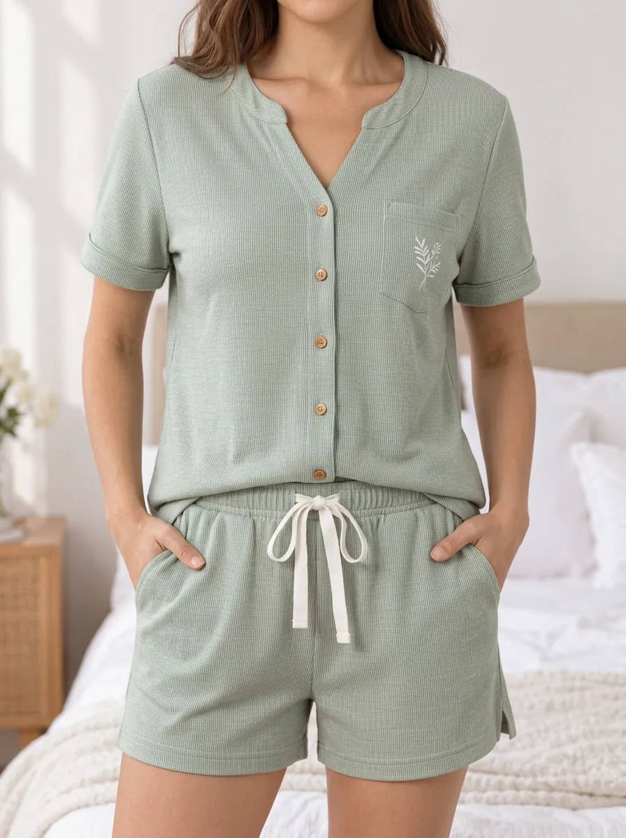 Women's V Neck Button Front Short Sleeve Botanical Leaf Pajama Top