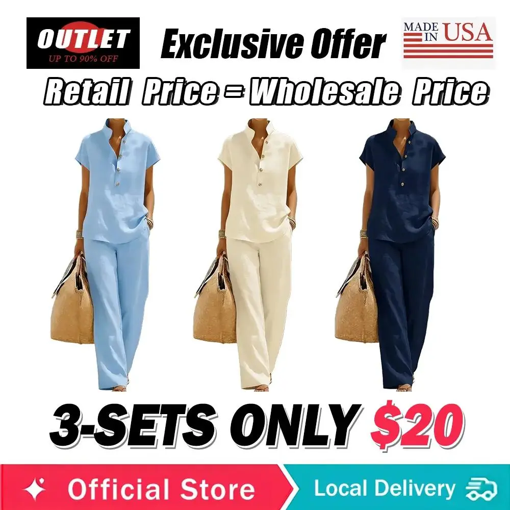 Women's Summer Solid Color Linen Cotton Short Sleeve + Long Pants Set