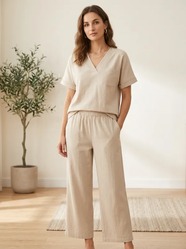 Linen-Look Relaxed Women's V-Neck Casual Lounge Set