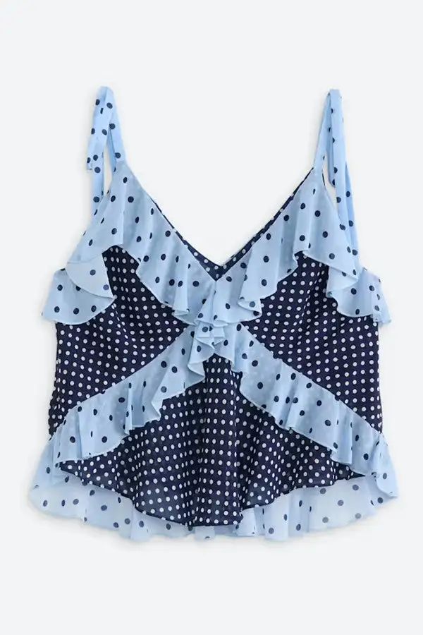 Blue Polka Dot Ruffle Chiffon Cami Top
