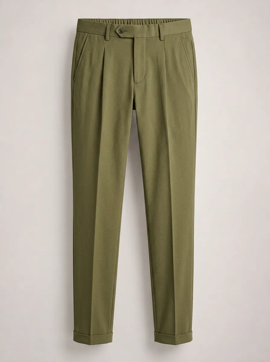 Men's Olive Green Pleated Elastic Waist Casual Trousers