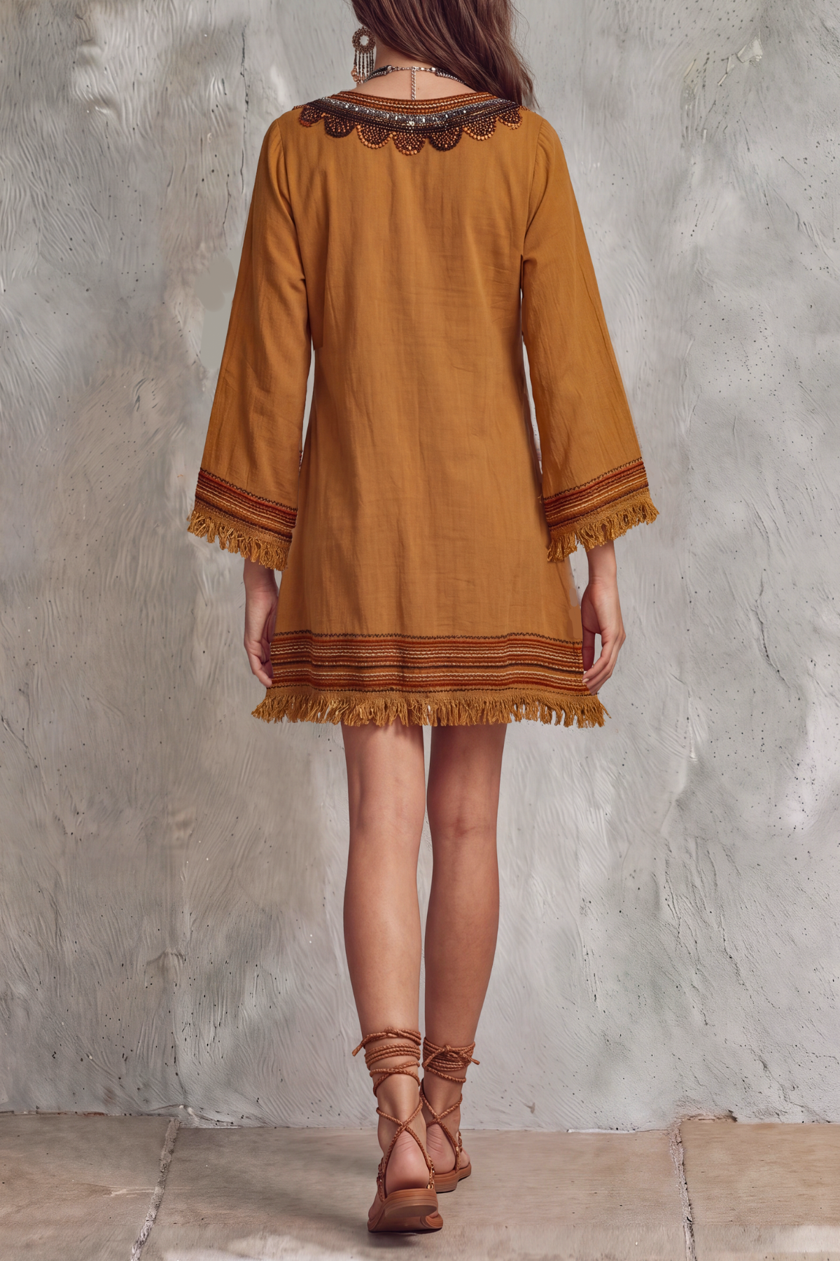 Plunge Neck Fringe Mini Dress