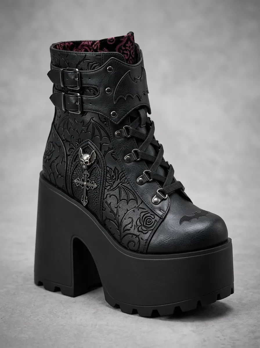 Darkwave Skull Bat Rose Dark Look Women's Gothic Platform Boots
