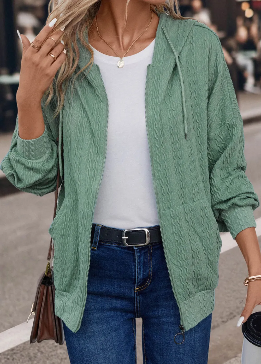 Sage Green Pocket Long Sleeve Hooded Coat