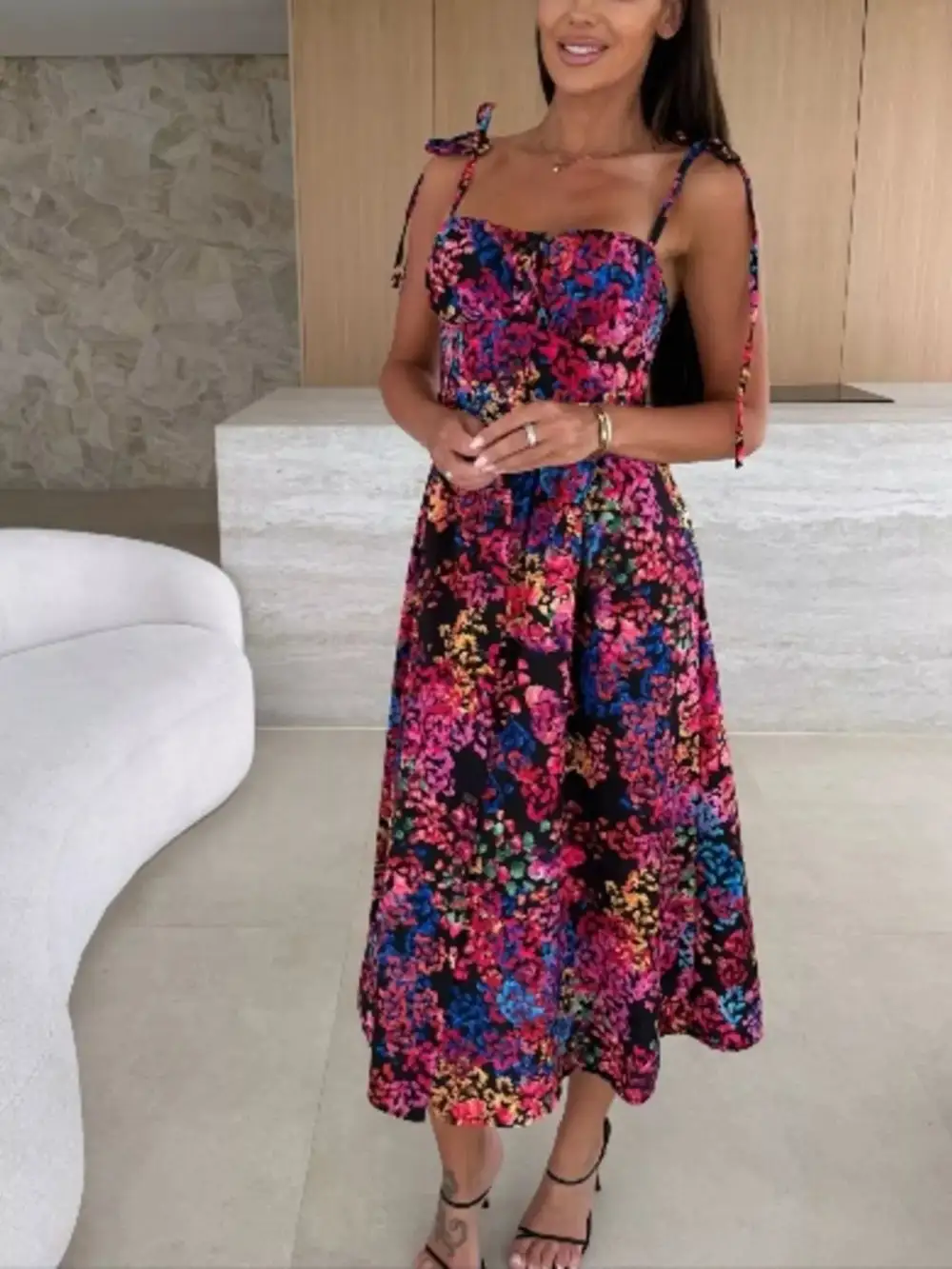 Printed Tie-strap Midi Dress