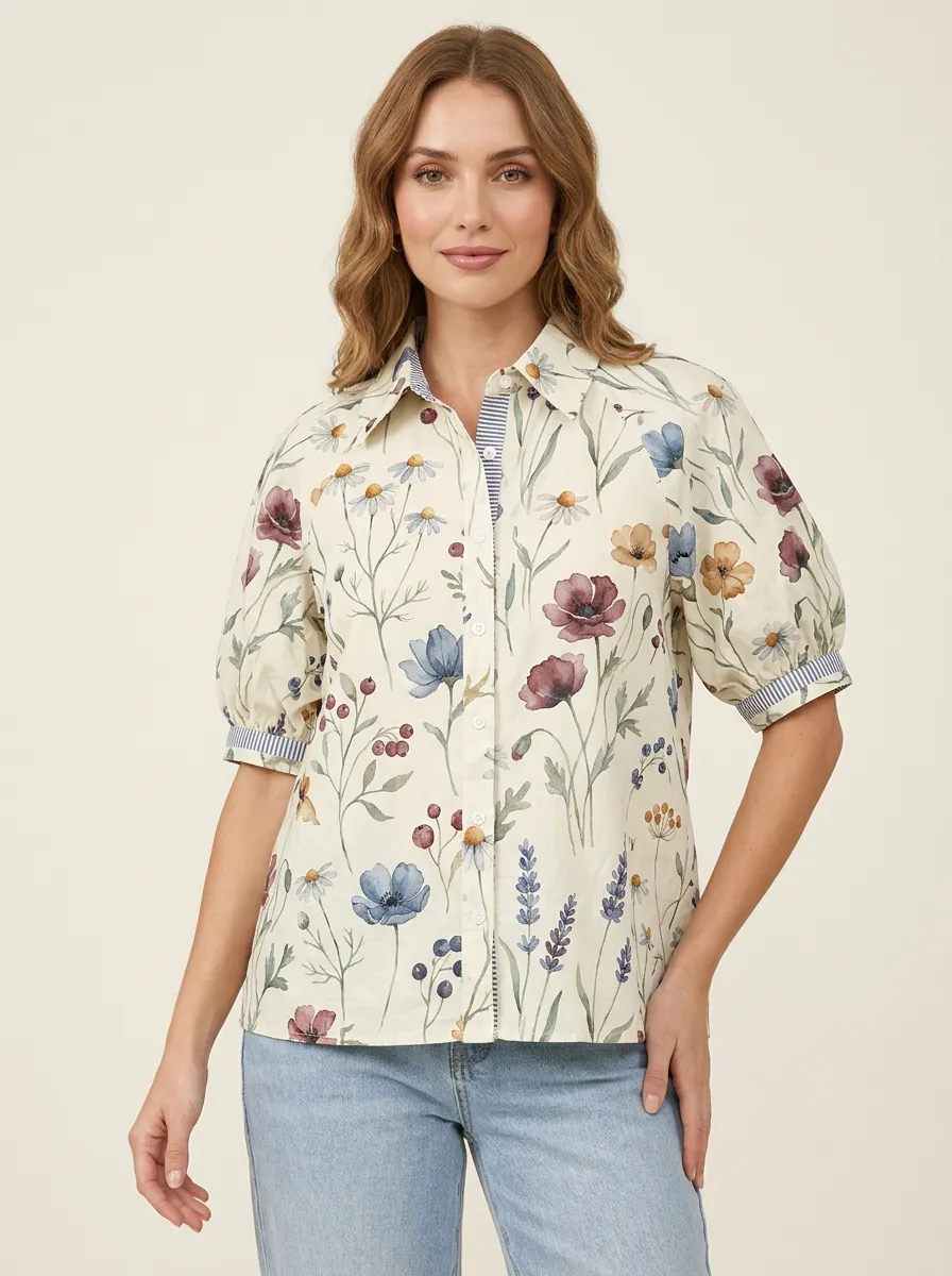 Women's Botanical Garden Wildflower Graphic Puff Sleeve Shirt