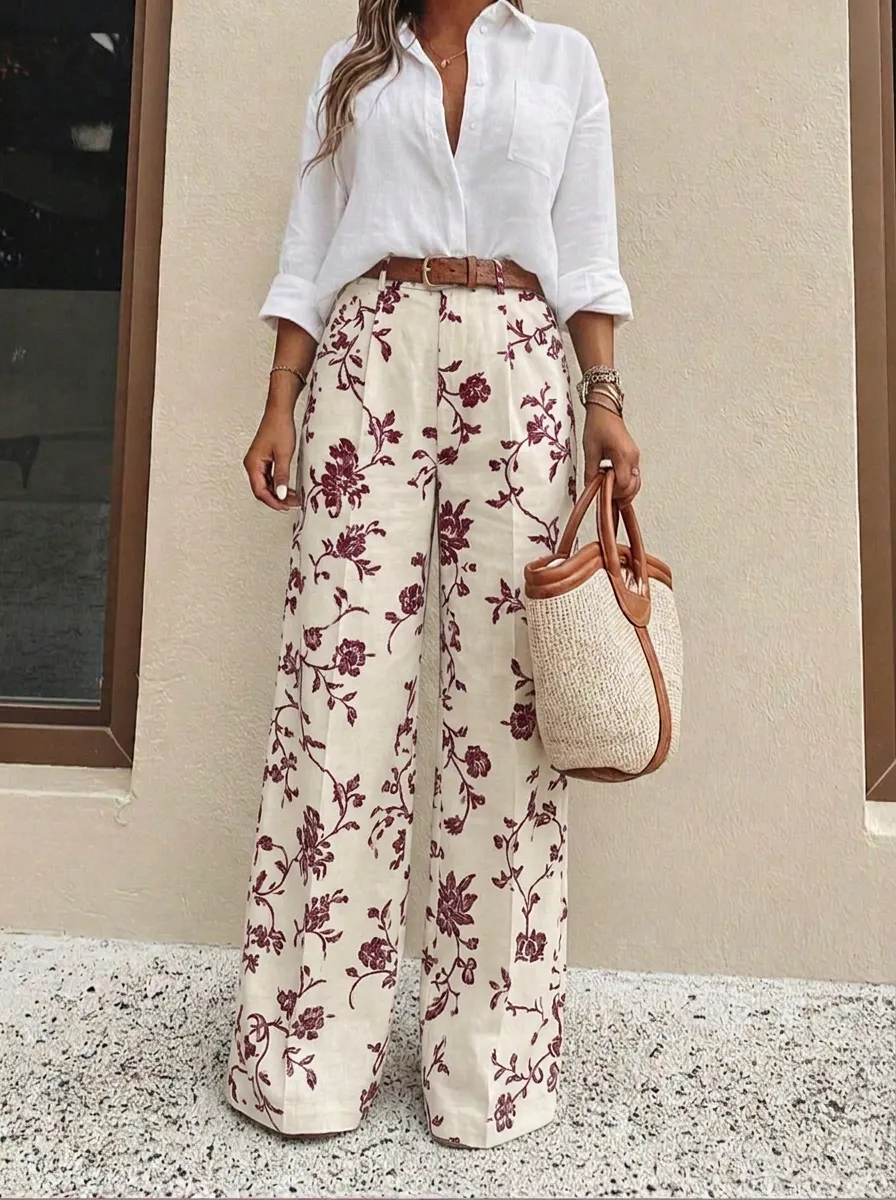 Women's Vintage Floral Blue White Patterned High-Waisted Wide-Leg Pants