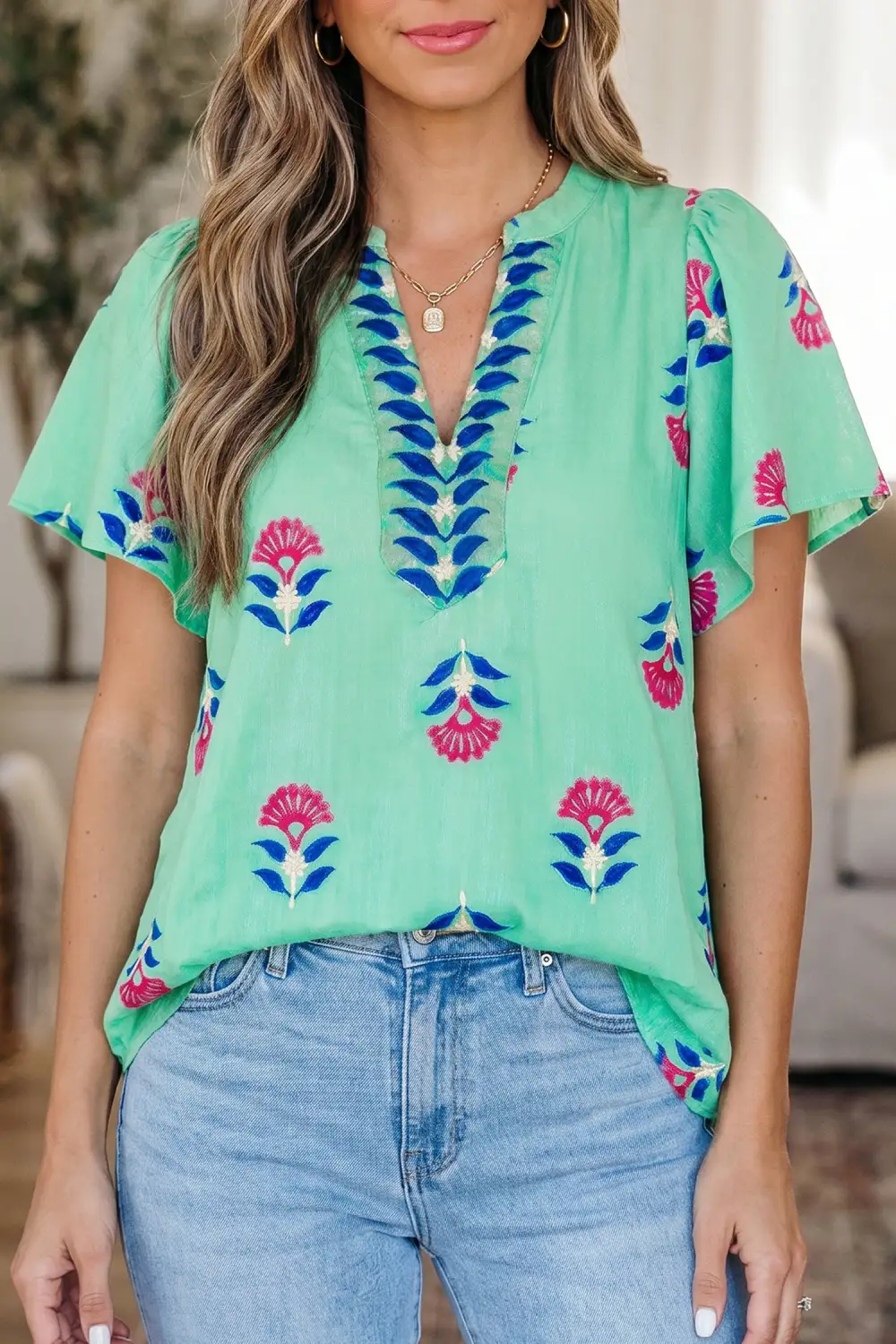 Women's Floral Print V Neck Flutter Sleeve Top