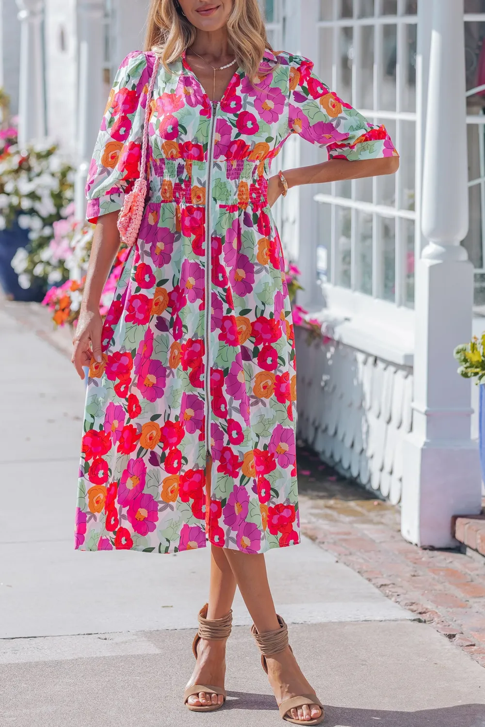Women's Floral Print V Neck Half Sleeve Zip Front Dress