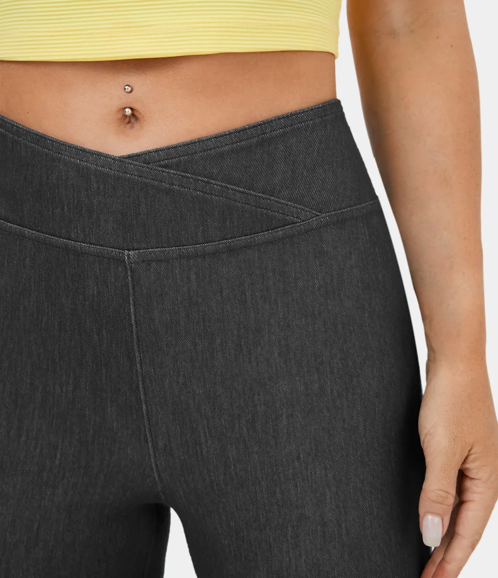 Magic High Waisted Crossover Back Pocket Stretchy Knit Casual Flare Jeans